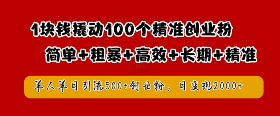 1块钱撬动100个精准创业粉，简单粗暴高效长期精准，单人单日引流500+创业粉，日变现2k-菜菜资源汇-优质互联网资源分享