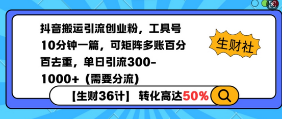抖音搬运引流创业粉，工具号10分钟一篇，可矩阵多账百分百去重，单日引流300+（需要分流）-菜菜资源汇-优质互联网资源分享
