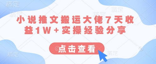 小说推文搬运大佬7天收益1W+实操经验分享-菜菜资源汇-优质互联网资源分享