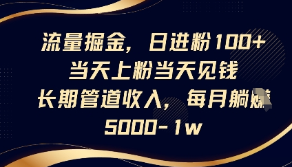 流量掘金，日进粉100+，当天上粉当天见钱，长期管道收入，每月躺挣5k-菜菜资源汇-优质互联网资源分享